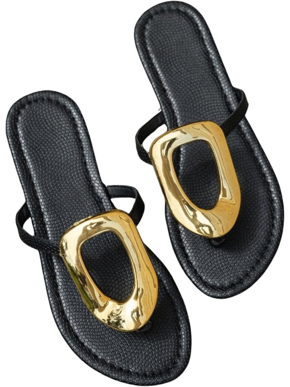 Women's Black Metal Decor Flip Flop Thong Sandals Comfortable Slip on Flat
